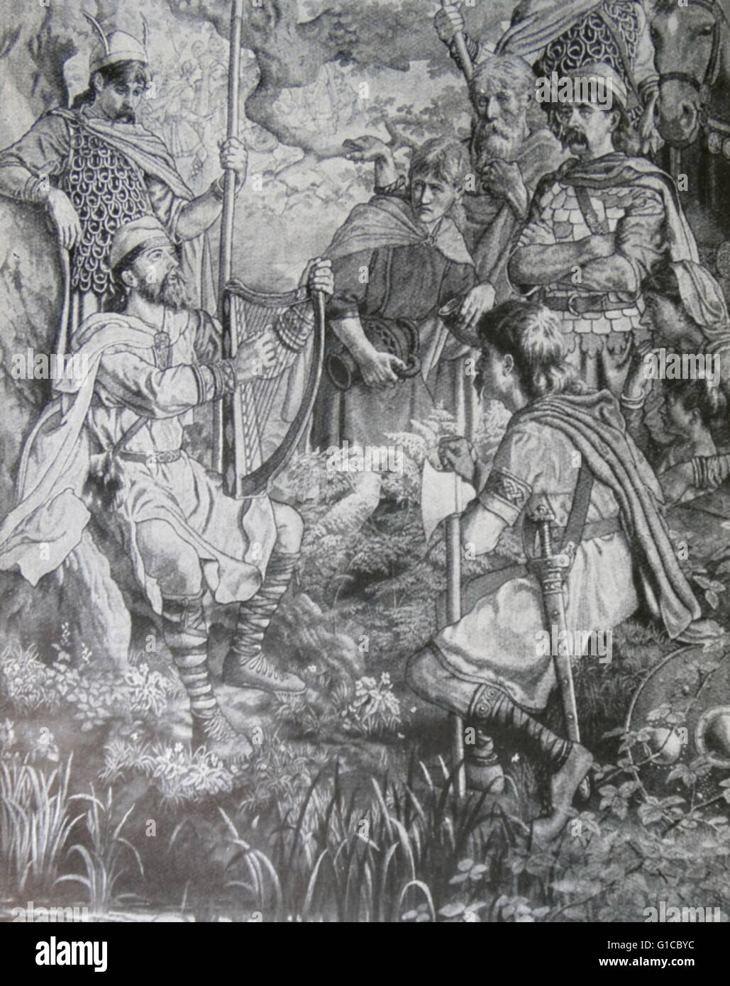 Incisione raffigurante una scena della vita di Alfredo il Grande (849-899) Alfred ha difeso con successo il suo regno contro il Viking tentativo di conquista e al momento della sua morte era diventato il righello dominante in Inghilterra. Datata IX secolo Foto Stock