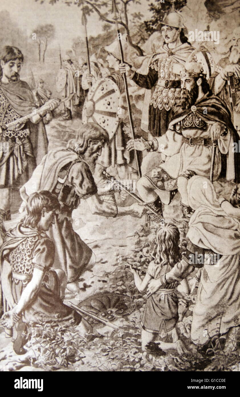 Incisione raffigurante una scena della vita di Alfredo il Grande (849-899) Alfred ha difeso con successo il suo regno contro il Viking tentativo di conquista e al momento della sua morte era diventato il righello dominante in Inghilterra. Datata IX secolo Foto Stock