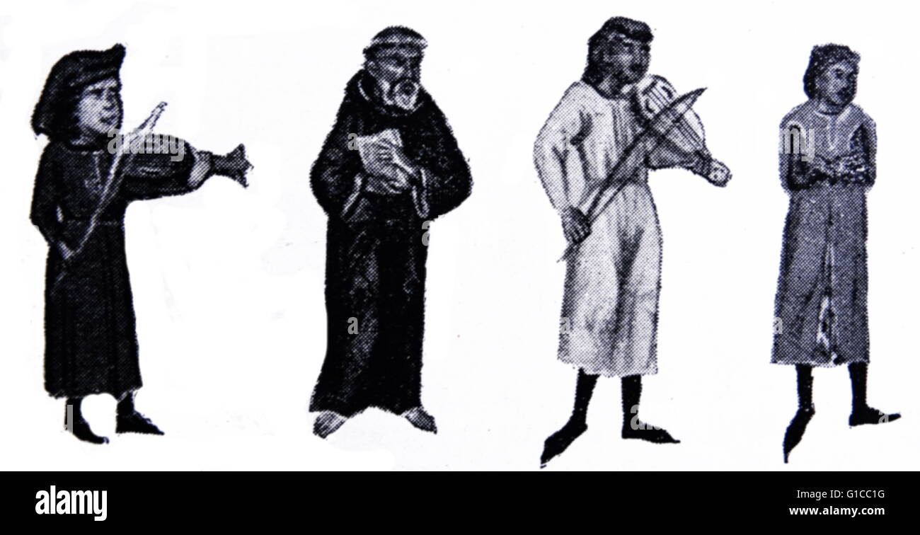 Incisione raffigurante un gruppo di famosi trovatori, compositori ed esecutori della vecchia occitano poesia lirica durante l'Alto Medioevo Foto Stock