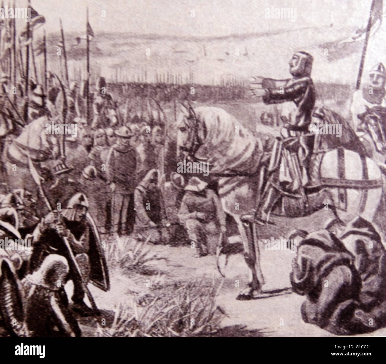 Incisione raffigurante il re Filippo II di Francia (1165-1223) chiedendo la benedizione di Dio su le sue truppe Foto Stock