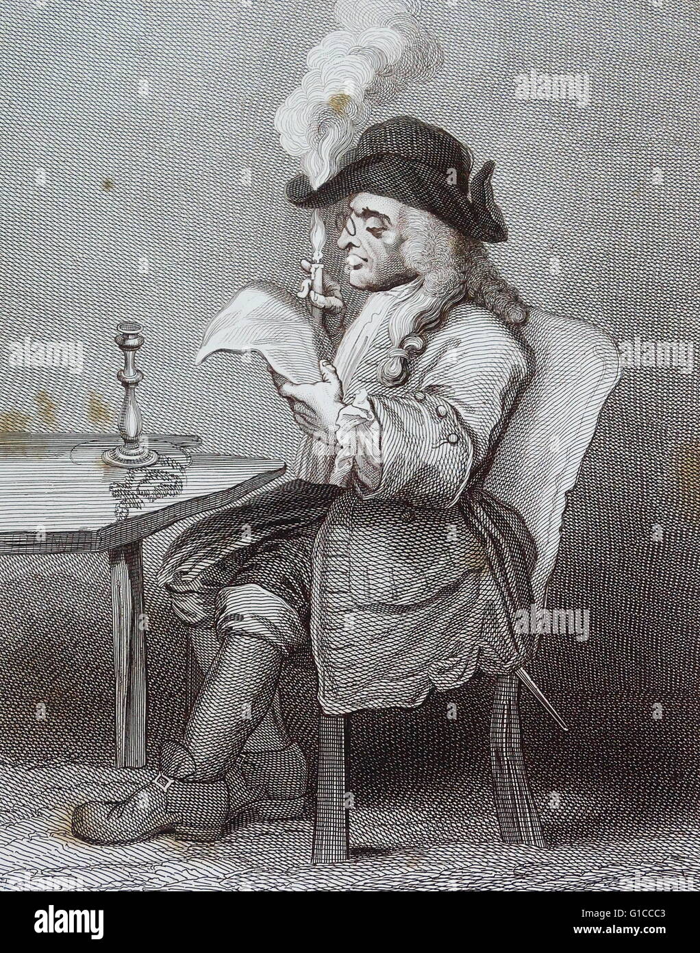 Il candidato. da William Hogarth (1697-1764), pittore inglese, printmaker, pittoriche Satiro. Mostra un politico leggendo il giornale, tenendo la candela vicino ai suoi occhi per una migliore lettura mentre non diventare consapevoli di come esso brucia attraverso il suo cappello Foto Stock