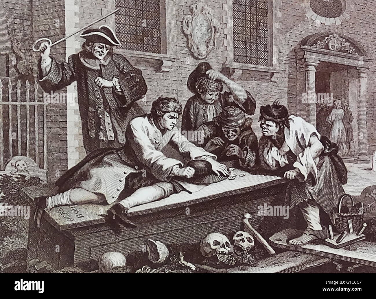 Il minimo "Prentice in gioco nel cortile della chiesa, durante il servizio divino da William Hogarth (1697 - 1764). Il pittore inglese, printmaker, pittoriche Satiro. Industria e ozio, piastra 3 della serie, che mostra la ricompensa finale di ozio 1747 Foto Stock