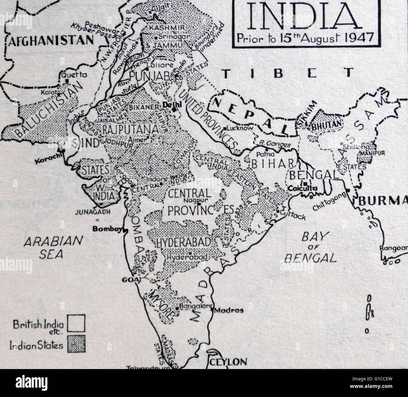 Mappa di India prima la partizione del British impero indiano che ha portato alla creazione di India e Pakistan 1947 Foto Stock
