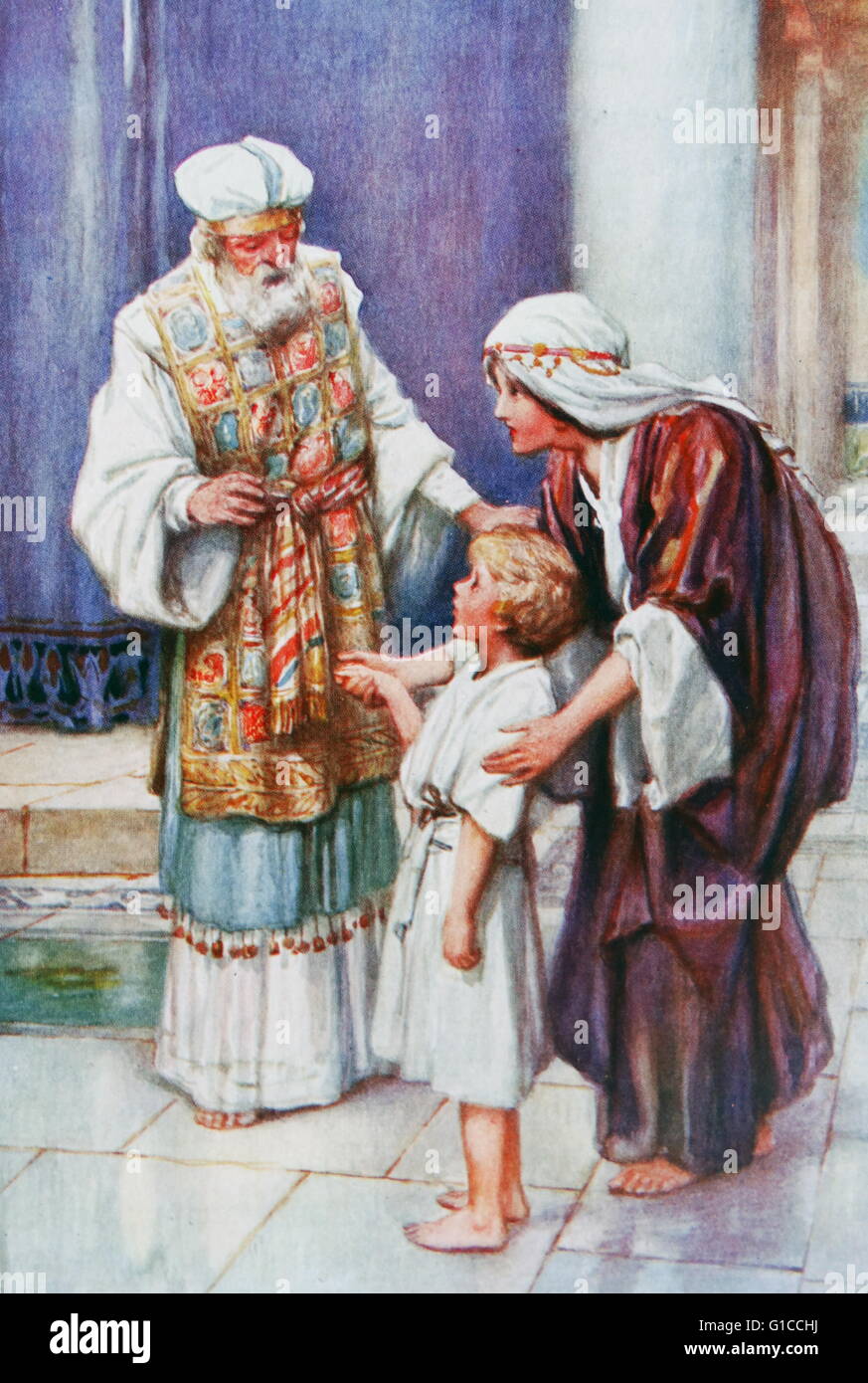 Hannah presentando il suo figlio Samuel ad Eli il sommo sacerdote nel tempio di Gerusalemme. illustrazione da Arthur A. Dixon 1872-1959. Dal dono prezioso: le storie della Bibbia per bambini da T W Wilson (1910). Foto Stock