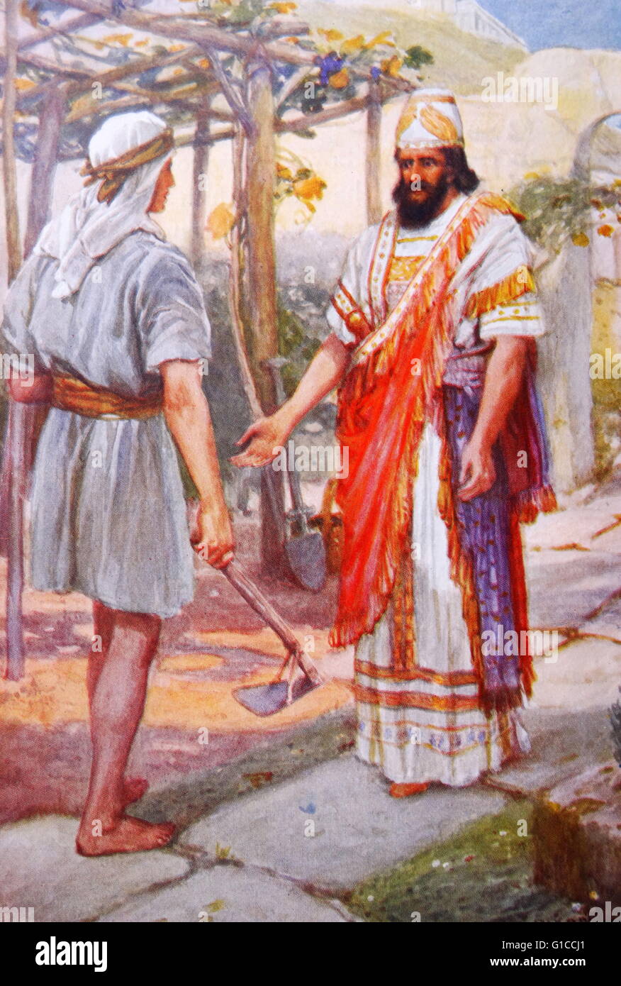 Nabot rifiuta il Re della offerta di acquisto del suo paese. Nabot possedeva una vigna vicino al palazzo del re Acab, che desiderava acquisire. Nabot, tuttavia aveva ereditato la sua terra da suo padre, e, secondo la legge ebraica, non poteva alienare. illustrazione da Arthur A. Dixon 1872-1959. Dal dono prezioso: le storie della Bibbia per bambini da T W Wilson (1910). Foto Stock