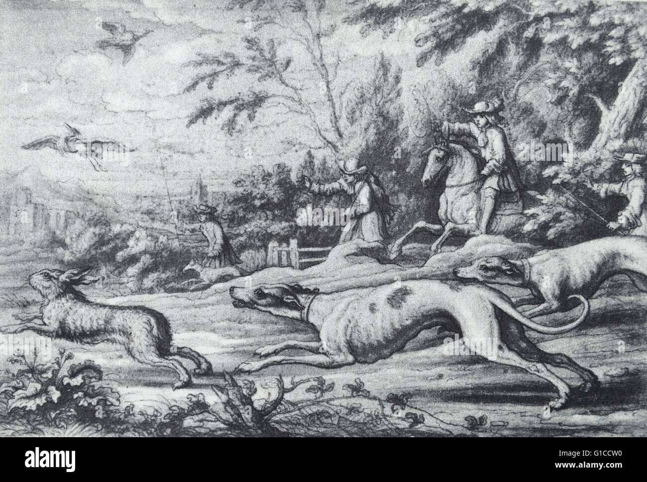 Dipinto raffigurante una scena di caccia da Francis Barlow (1626-1704) inglese pittore, incisore e illustratore. Risalenti al XVII secolo Foto Stock