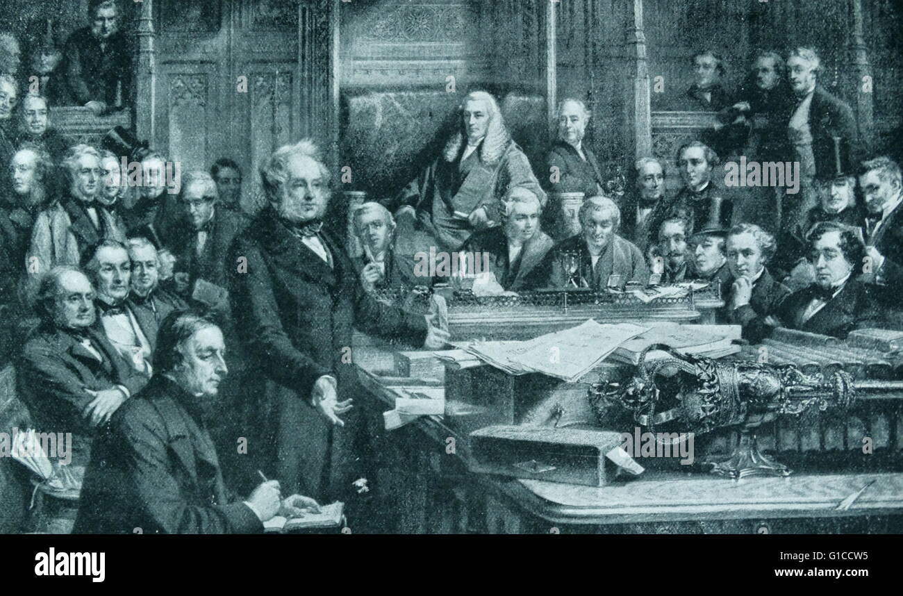Incisione raffigurante Henry John Temple, terzo Visconte Palmerston (1784-1865) l ex Primo ministro britannico e statista, indirizzamento di una seduta della Camera dei Comuni. Datata 1860 Foto Stock