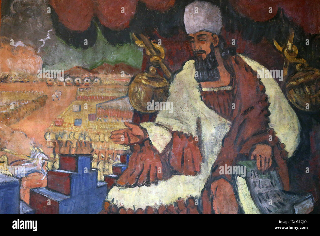 Chiesa cattolica di Finhaut nel cantone del Vallese. Pittura su beewax da Alexandre Cingria. Il re Salomone. La Svizzera. Foto Stock