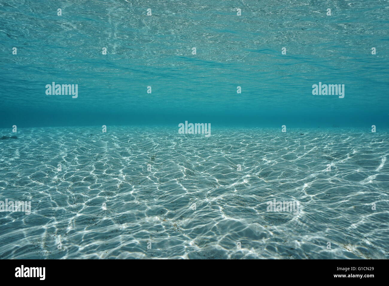 Subacquea sabbiose poco profondo oceano pavimento con acqua di superficie, scenario naturale, oceano pacifico, Polinesia Francese Foto Stock