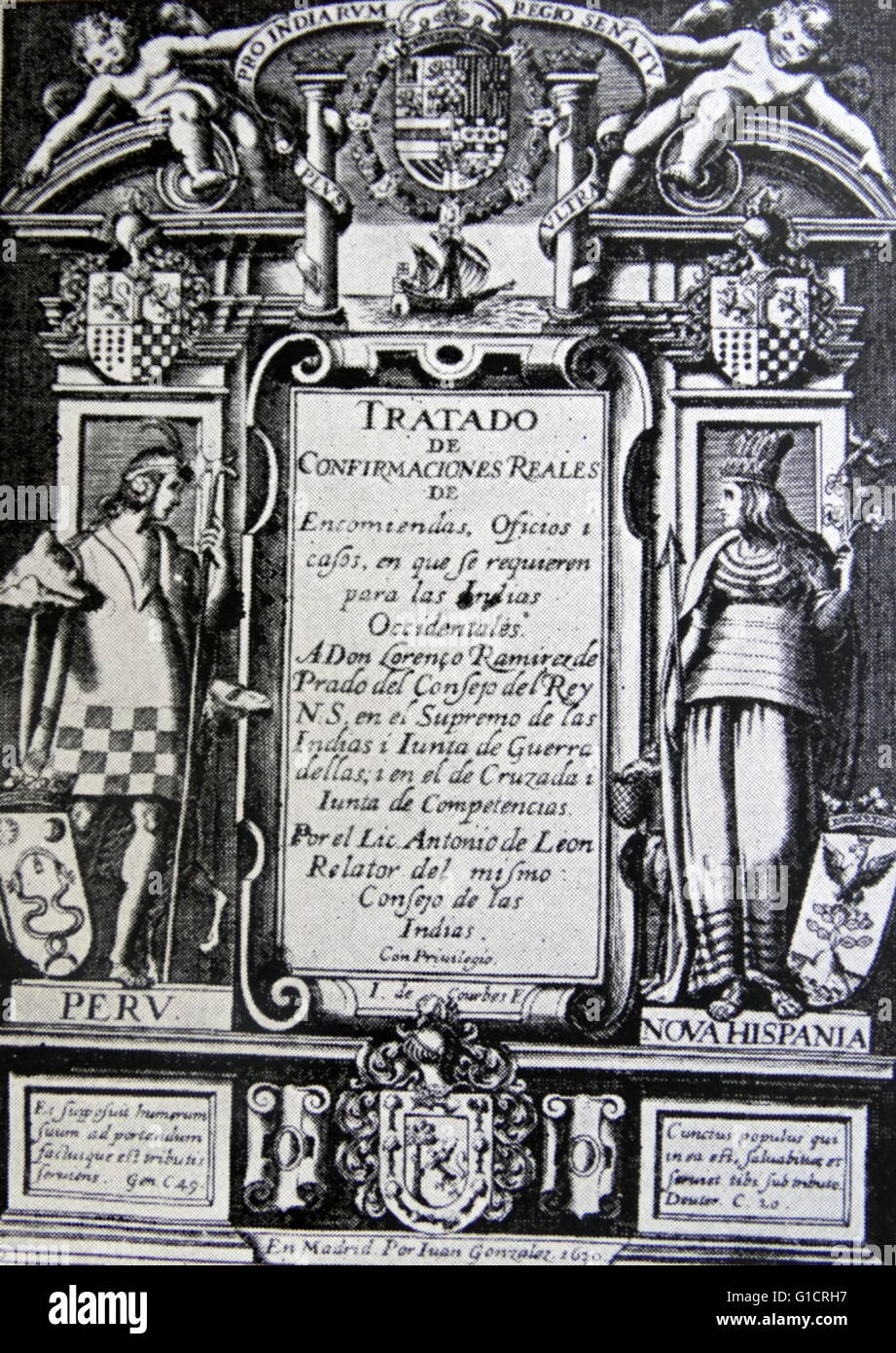 Confirmaciones reales; 1630 . Da Antonio de León Pinelo (1589-1660) spagnolo-storico coloniale. Questo libro ha sviluppato il concetto di una utopia in Sud America Foto Stock