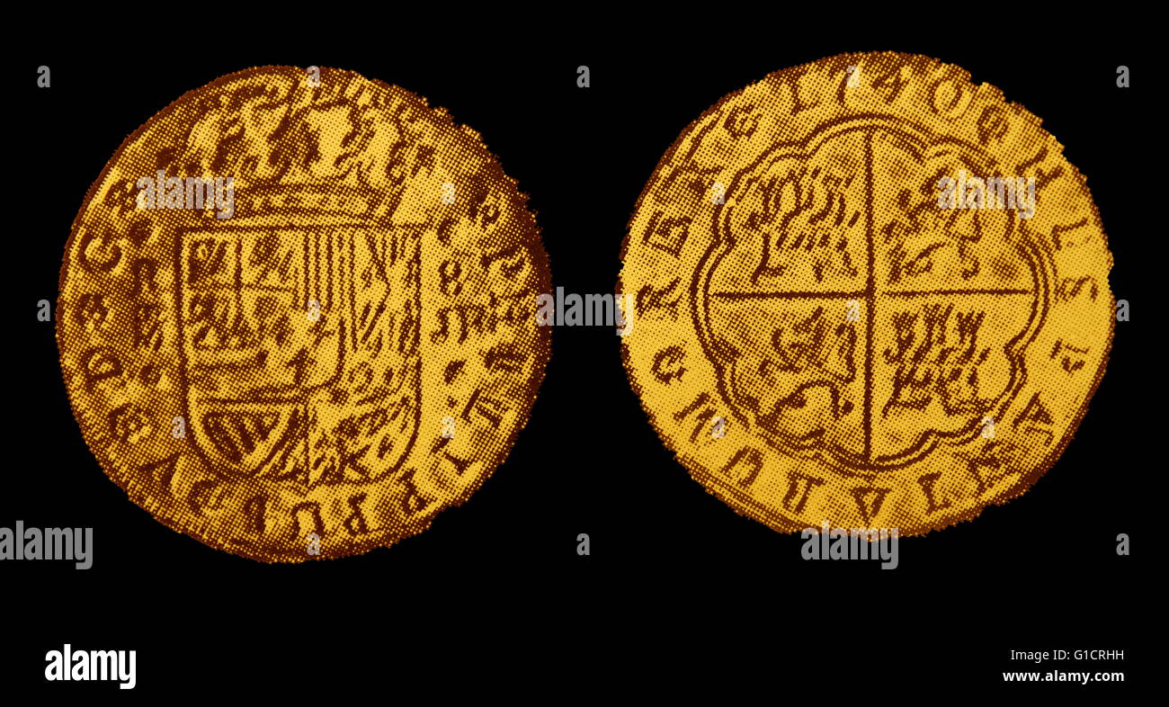 Lo spagnolo di monete del regno di Re Filippo V. Felipe V fu re di Spagna dal 1 novembre 1700 al 15 gennaio 1724. Foto Stock