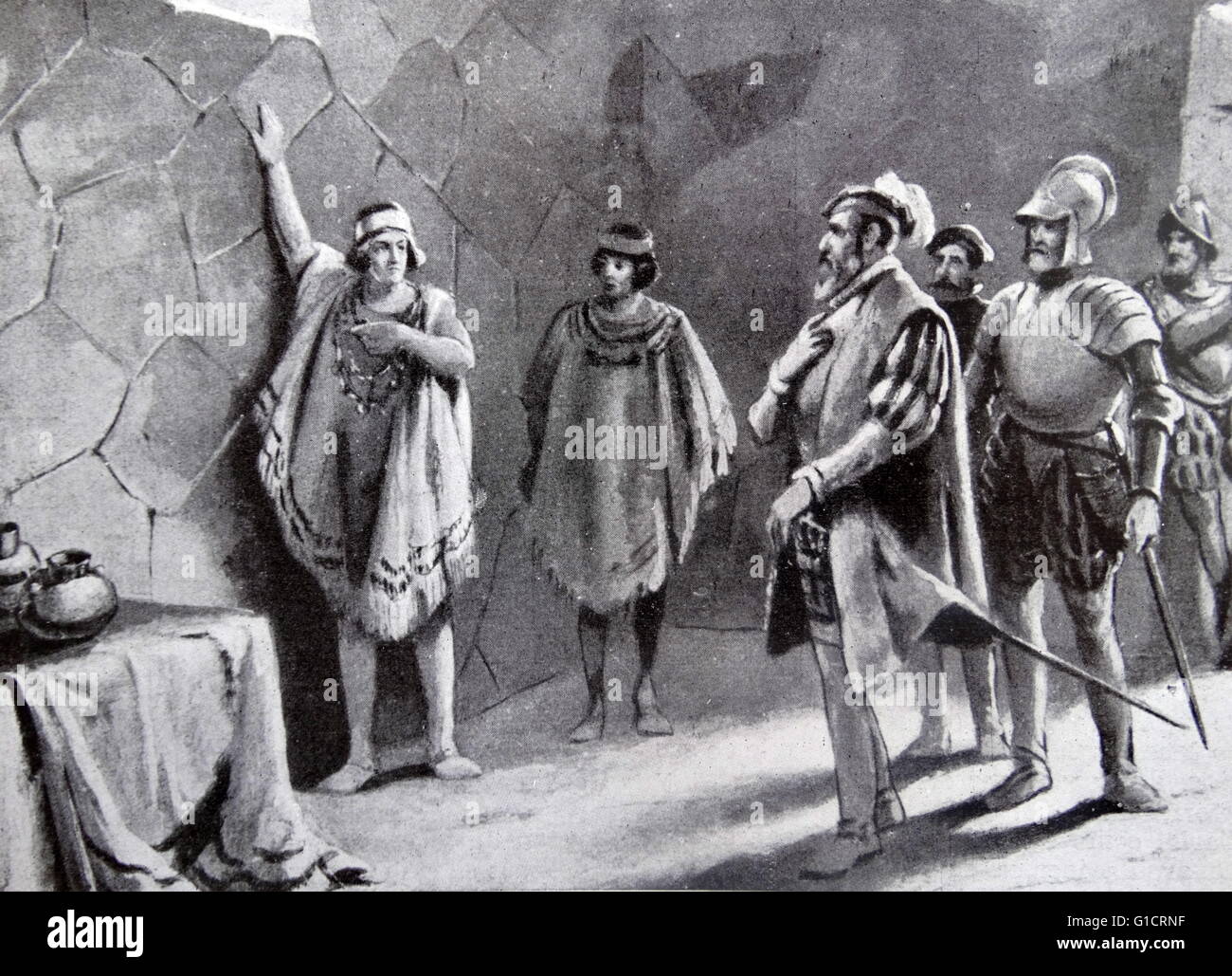 L arresto di Atahualpa ultimo sovrano inca; da Francisco Pizarro González (1471 - 1541) Il conquistador spagnolo che ha vinto l'impero Inca. Foto Stock