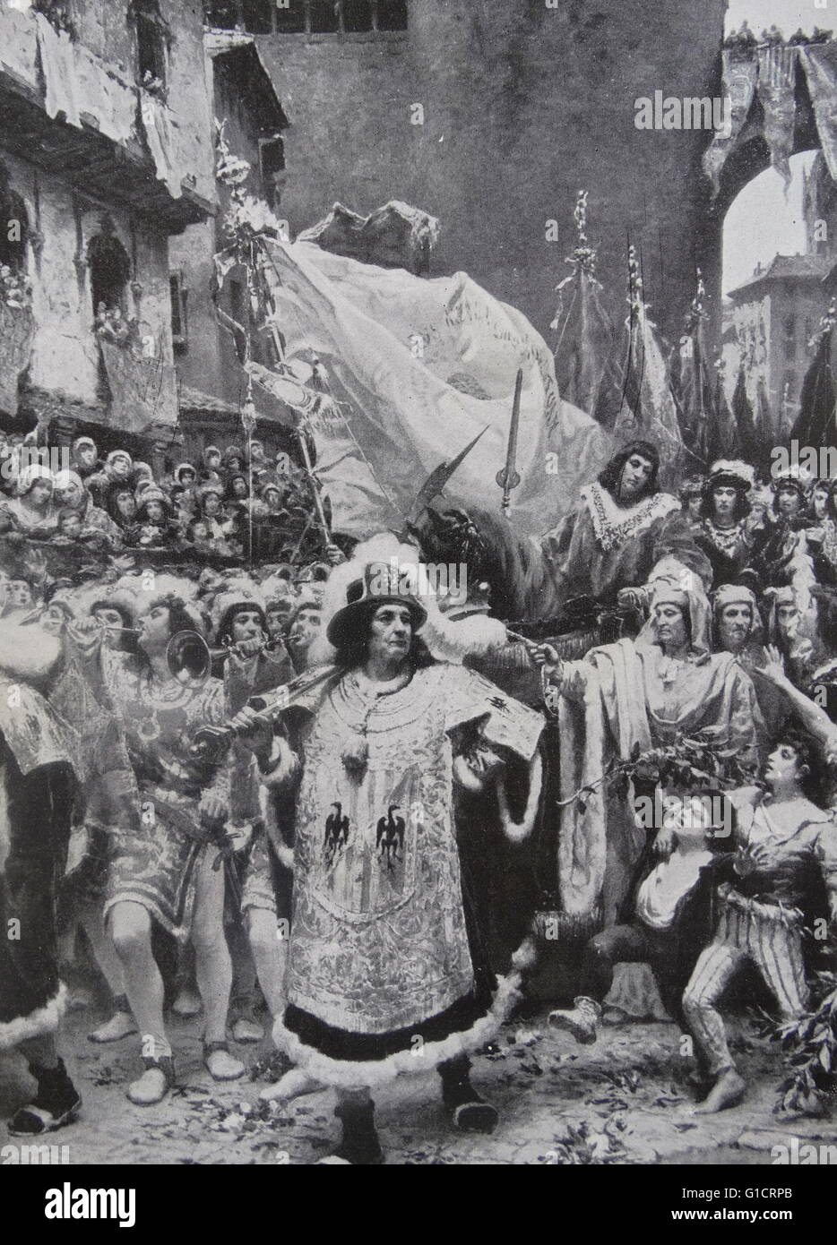 Dipinto raffigurante dell'entrata del principe di Vianna in Barcellona da Ramon Tusquets Maignon (1837-1904) Pittore italo-spagnolo. Datata 1885 Foto Stock