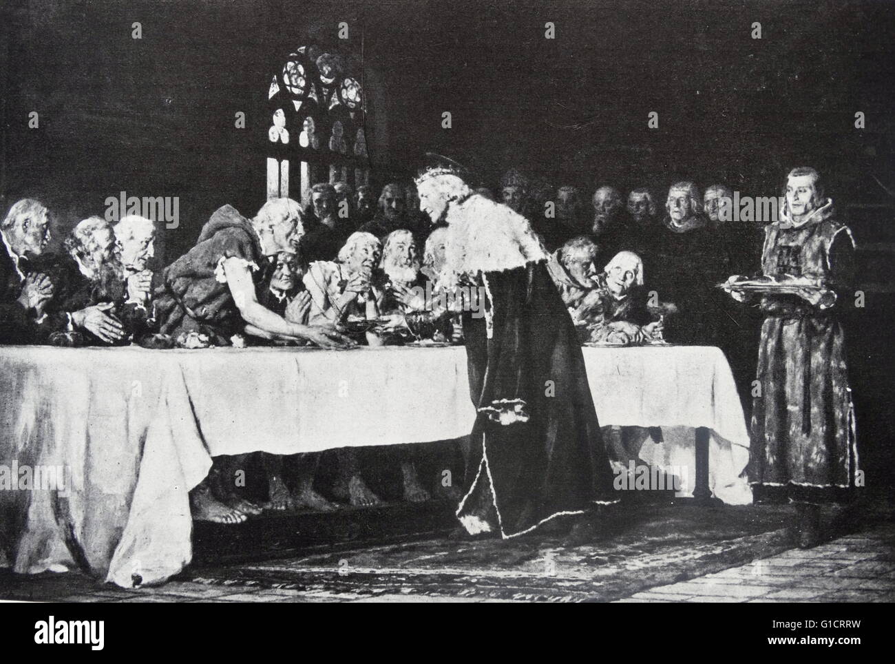 Dipinto raffigurante il re Ferdinando III (1199-1252), Re di Castiglia da 1217 e re di León dal 1230 così come i re della Galizia, alimentando i poveri. Datata xiii secolo Foto Stock