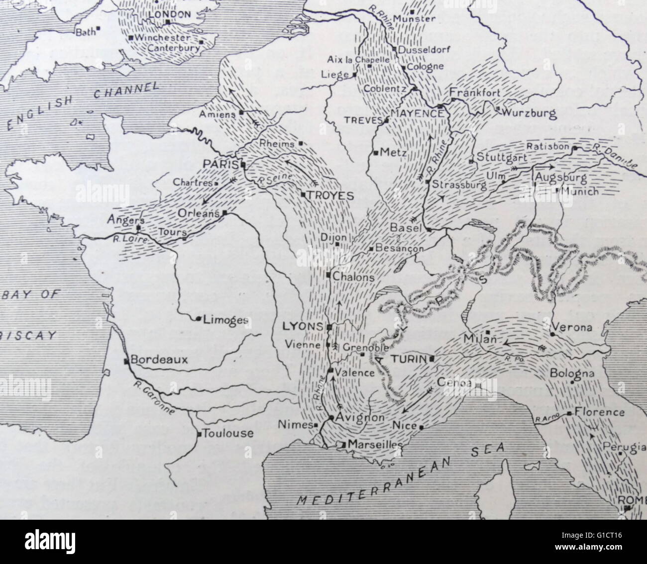 Mappa che illustra il modo in cui la civiltà si diffuse in Europa Foto Stock