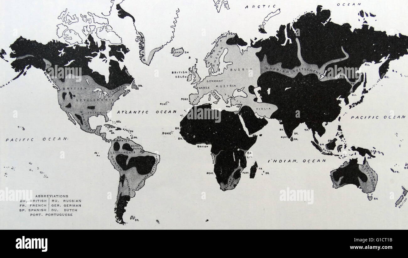 Mappa che mostra l'espansione delle razze bianche in tutto il mondo. Datata del XIX secolo Foto Stock