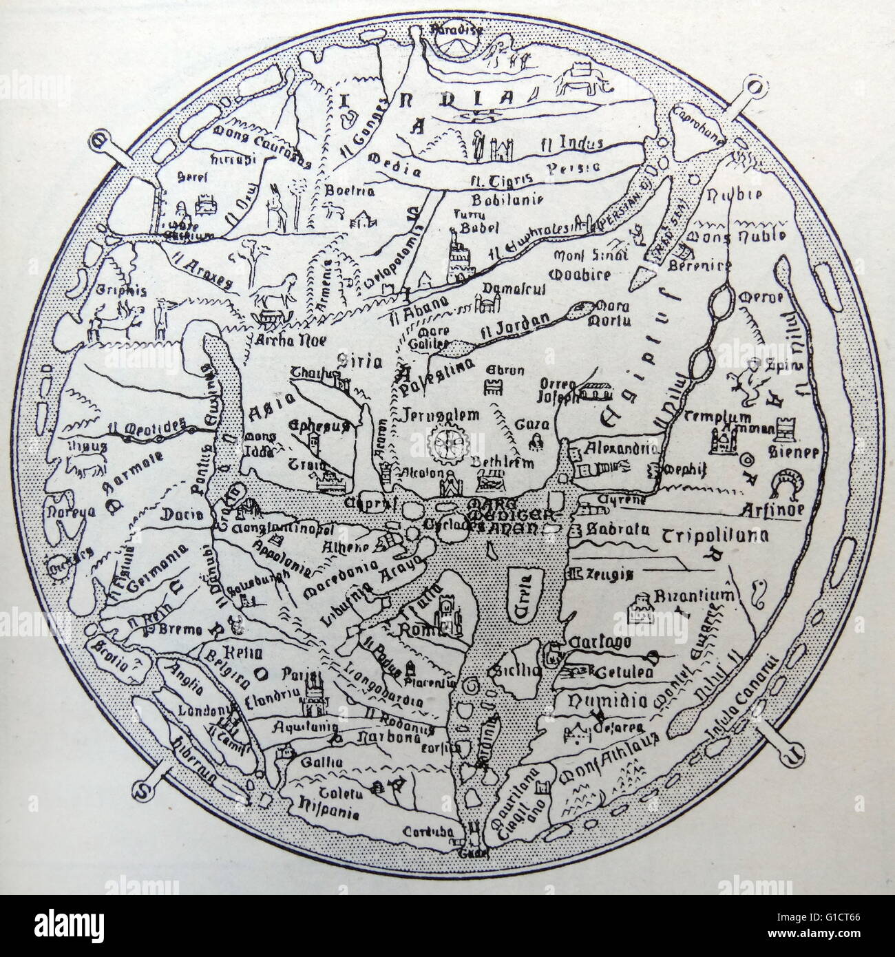 La mappa di Hereford del XIV secolo Foto Stock