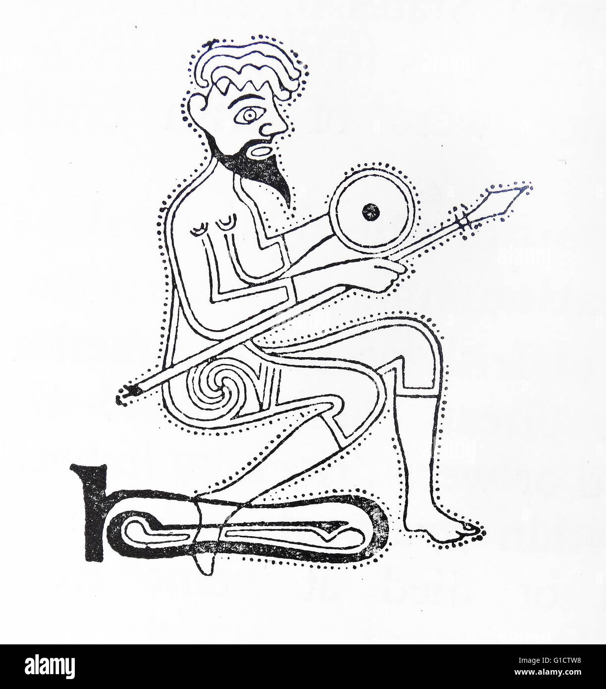 La figura di un soldato dal Libro di Kells; un manoscritto illuminato Vangelo libro in latino; creato in un monastero di Colombano; c. 800 D.C. Foto Stock