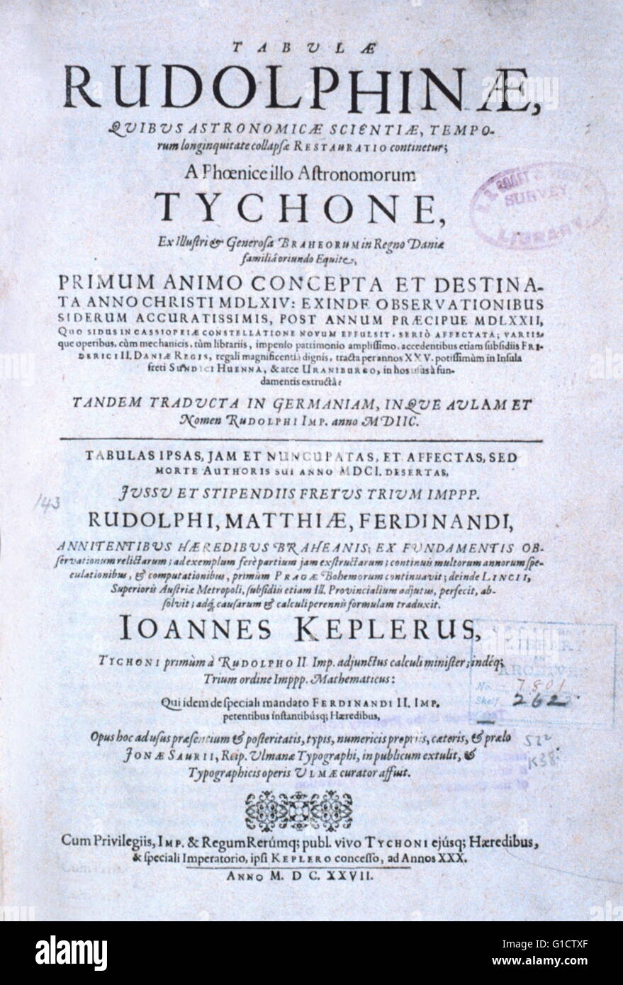 Pagina del titolo di "Tabulae Rudolphinae : quibus astronomicae' da Johannes Kepler; 1571-1630. Le tabelle Rudolphine (Tabulae Rudolphinae) consistono di un catalogo stellare e tabelle planetario pubblicato da Johannes Kepler nel 1627; utilizzando alcuni dati osservativi raccolti da Tycho Brahe (1546-1601). Le tabelle sono denominati " Rudolphine' in memoria di Rodolfo II, Imperatore del Sacro Romano Impero. Foto Stock