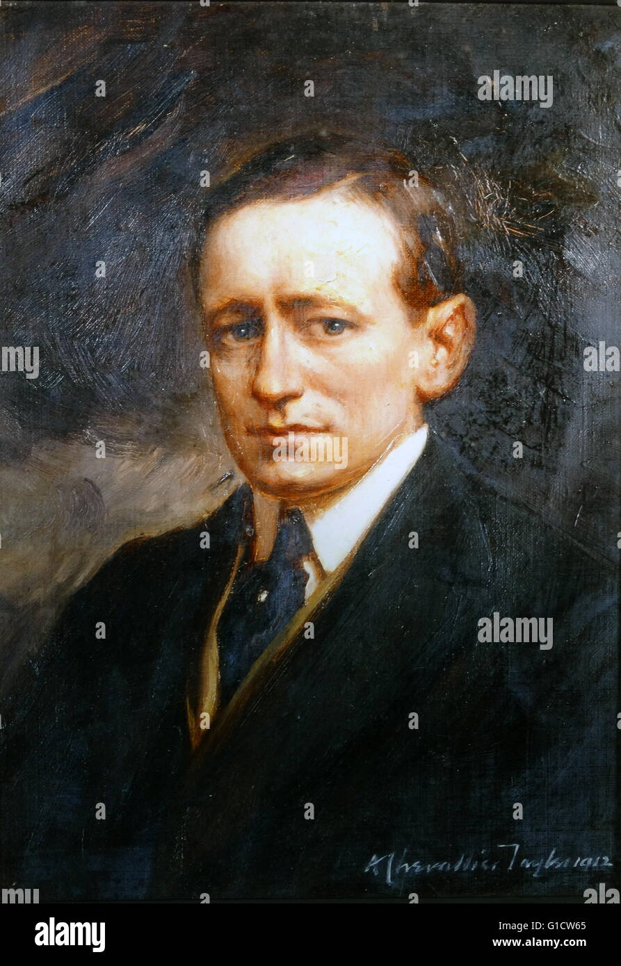 Ritratto colorato di Guglielmo Marconi, primo marchese di Marconi (1874-1937) inventore italiano e ingegnere elettrico, meglio conosciuto per il suo lavoro pionieristico sulla lunga distanza di trasmissione radio e Marconi della legge. In data xx secolo Foto Stock