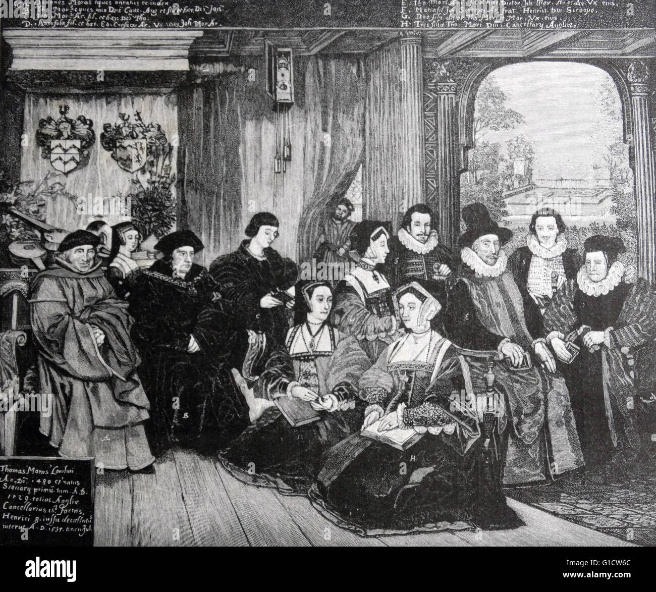 Incisione raffigurante la nobile famiglia di Sir Thomas More (1478-1535) un avvocato inglese, filosofo sociale, autore, statista e notato umanista rinascimentale. Datata XVI Secolo Foto Stock