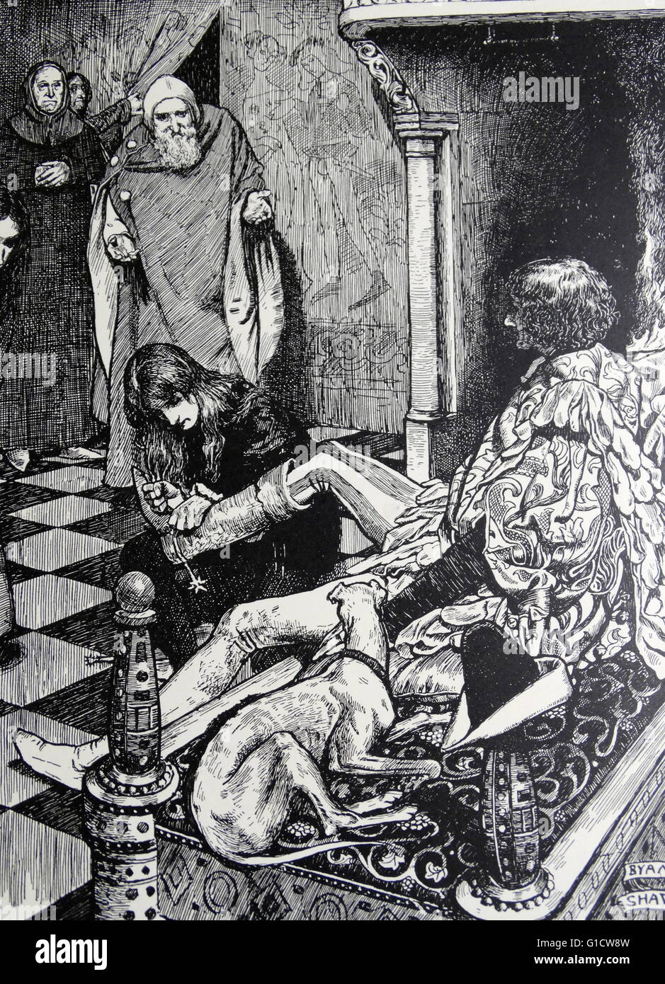 Illustrazione raffigurante una scena dal racconto finale nel Decamerone scritto da Giovanni Boccaccio (1313-1375) uno scrittore italiano, poeta, corrispondente di Petrarca e un importante umanista rinascimentale. Datata del XIX secolo Foto Stock