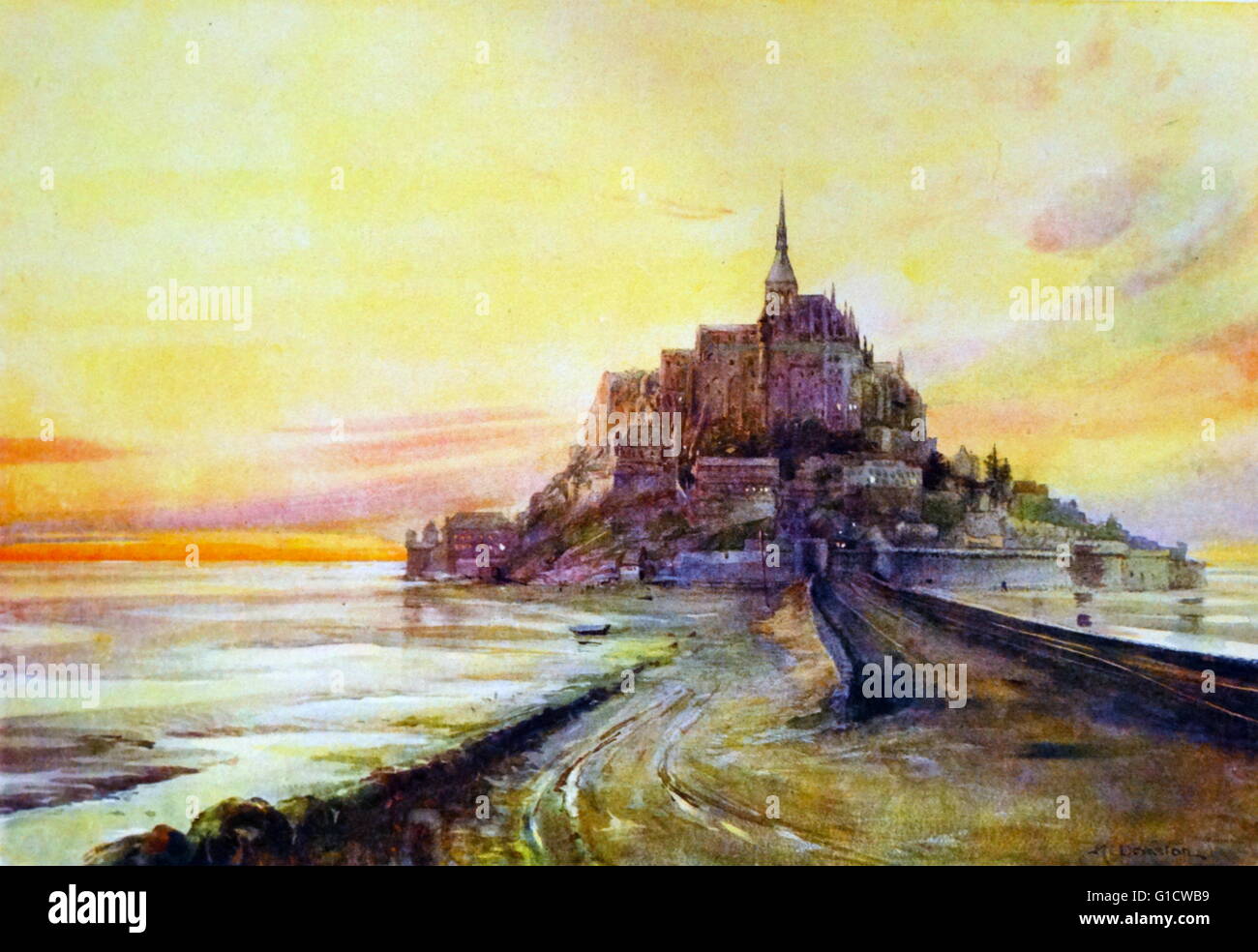 La verniciatura del Mont Saint Michel Abbey da Margaret Dovaston (1884-1955) pittore inglese. Mont Saint Michel Abbey situato all interno della città e dell'isola di Mont Saint Michel in Bassa Normandia, nel dipartimento della Manica completato nel XVI secolo. Foto Stock