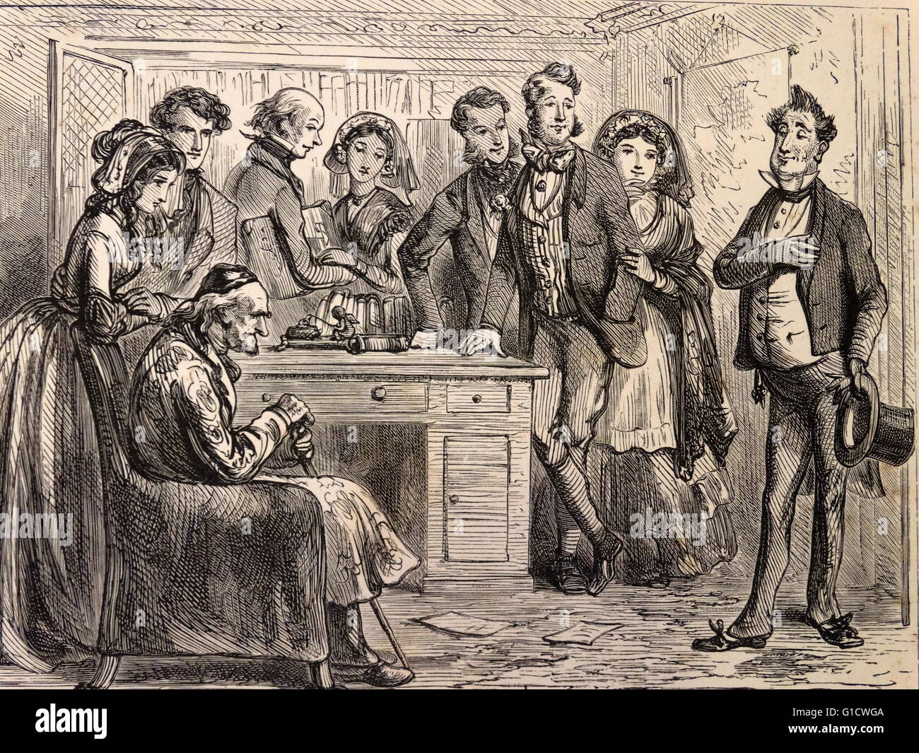 Incisione su legno di una classe superiore di famiglia in ufficio del sambuco. Datata xviii secolo Foto Stock