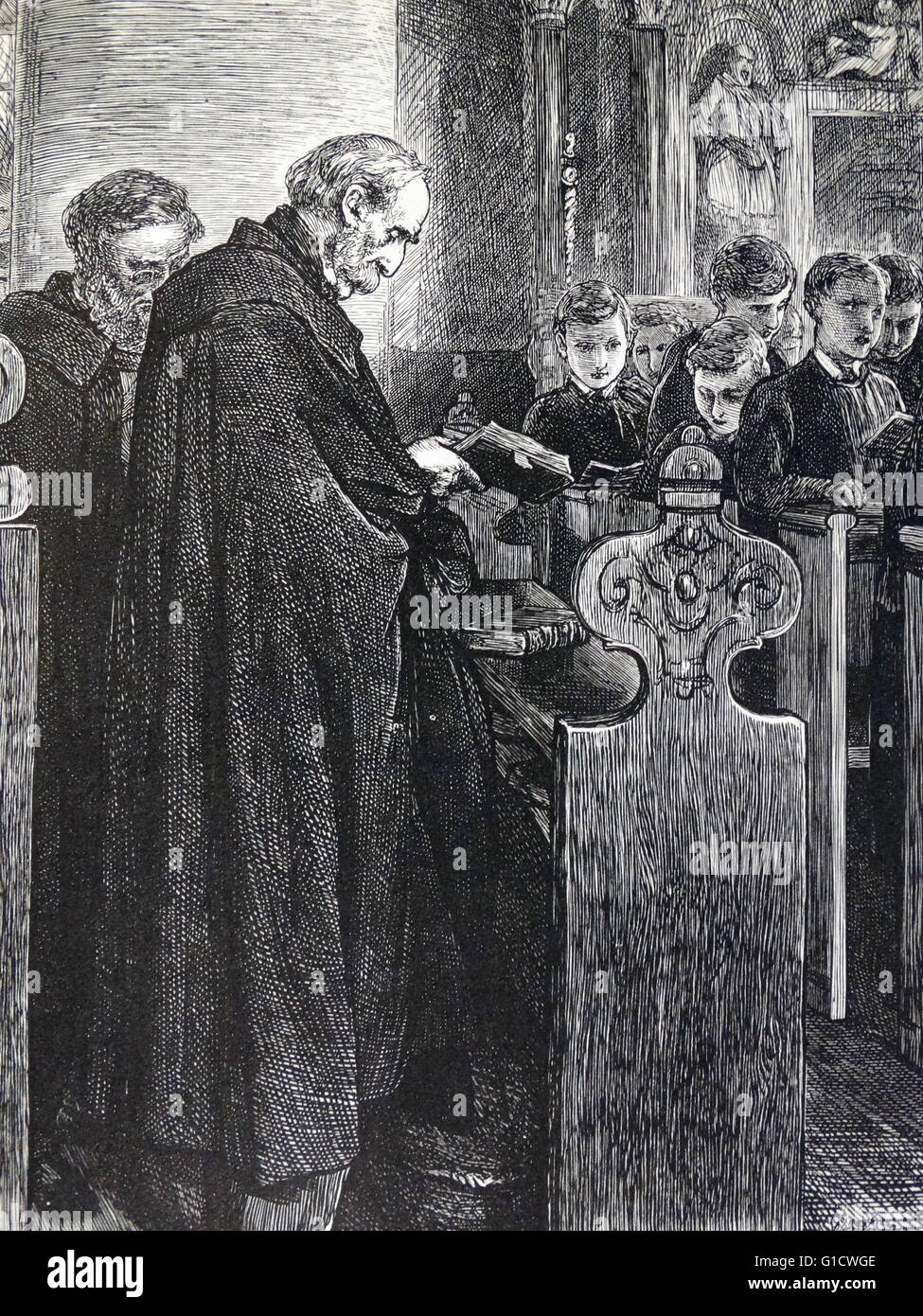 Incisione di un sacerdote la predicazione di un coro. Risalenti al XVII secolo Foto Stock