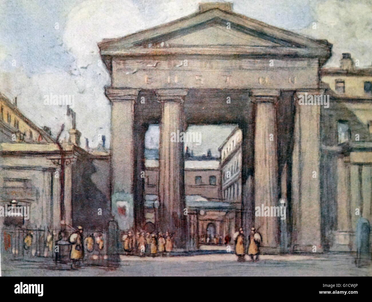 Schizzo di colore dell'originale ingresso principale della stazione di Euston, noto come la Euston Arch. In data xx secolo Foto Stock