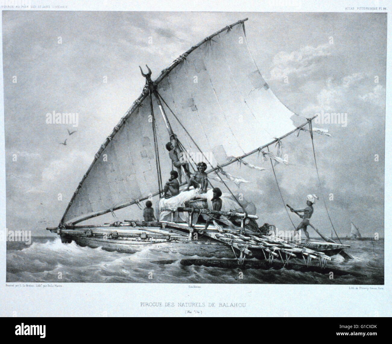 La piastra 96. Pirogue des naturels de Balahou da Émile Lassalle (1813-1871) un pittore francese e litografo. Datata del XIX secolo Foto Stock