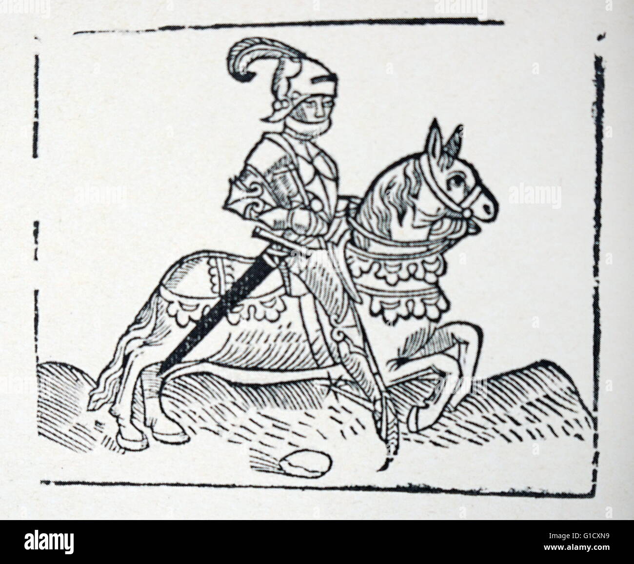 Xilografia medievale di un cavaliere in armatura a cavallo circa del XV secolo Foto Stock