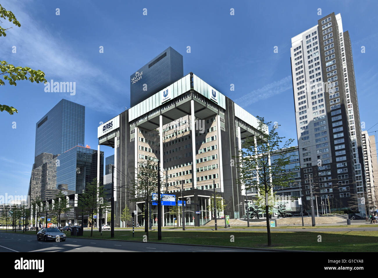 RBS Royal Bank of Scotland e Unilever Deftse Poort Paesi Bassi cittadina olandese City Rotterdam Weena, Foto Stock