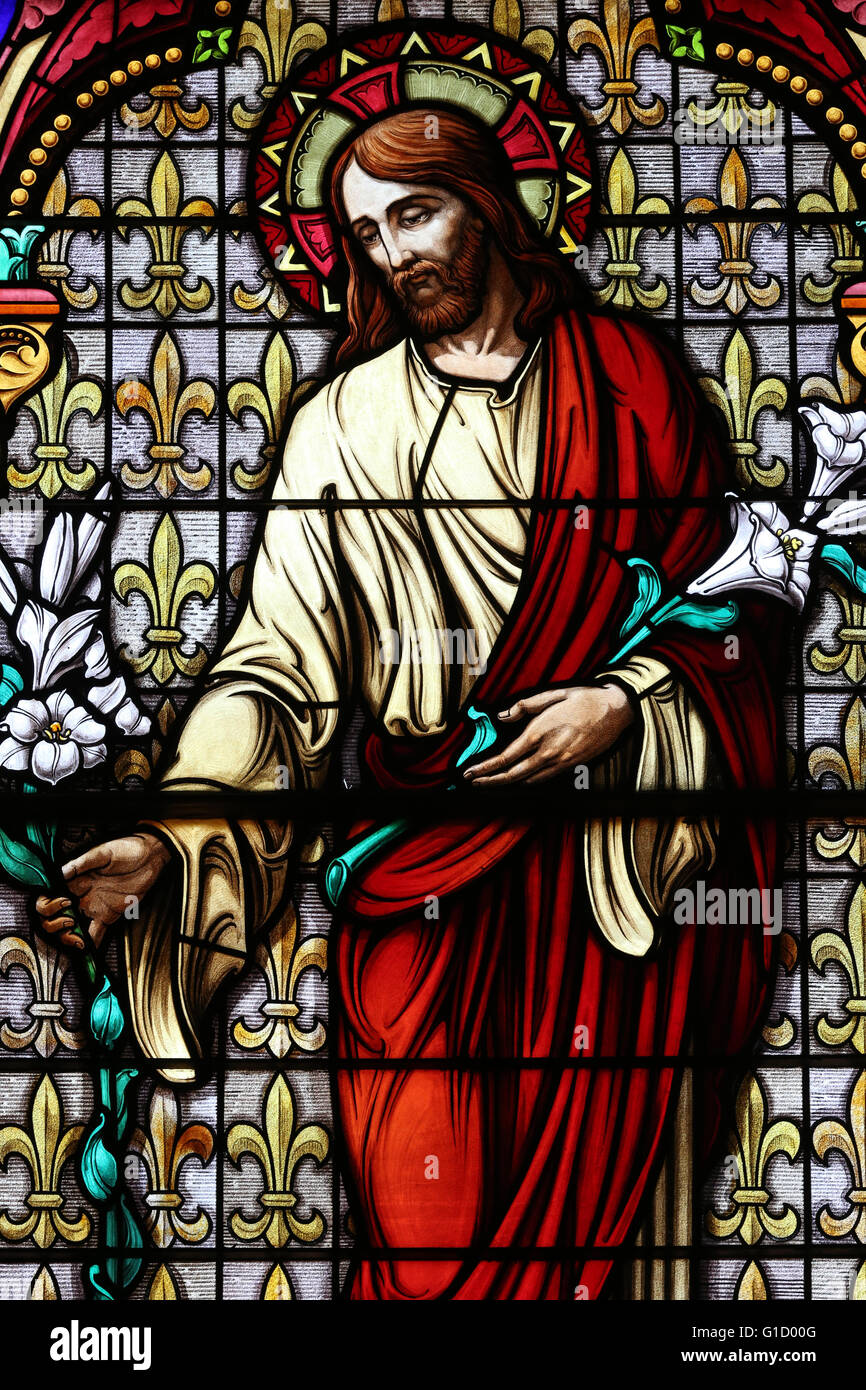 Le vetrate colorate con scene religiose. Gesù Cristo. AmbŽrieux-en-Dombes. La Francia. Foto Stock