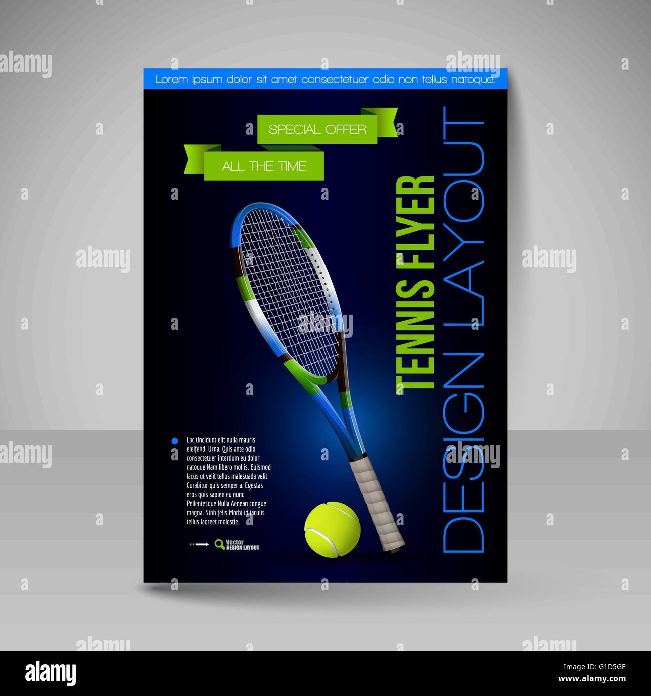 Modello di flyer. tennis simboli. vettore sport elementi di design. Illustrazione Vettoriale