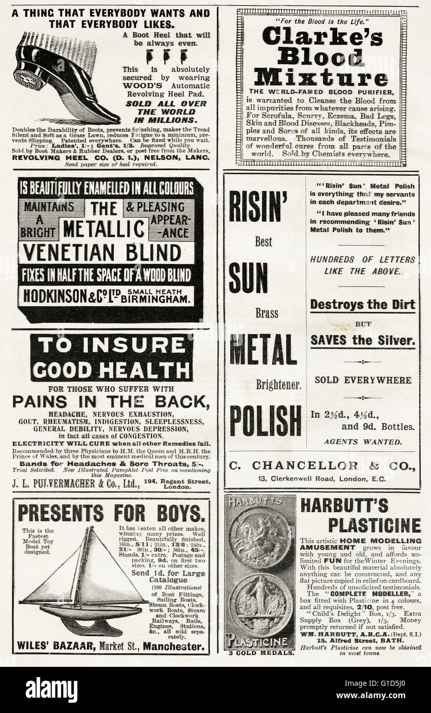 Originale vecchia rivista vintage annunci dalla tarda epoca vittoriana datata 1900. Pubblicità Pubblicità tipica pagina di annunci Foto Stock