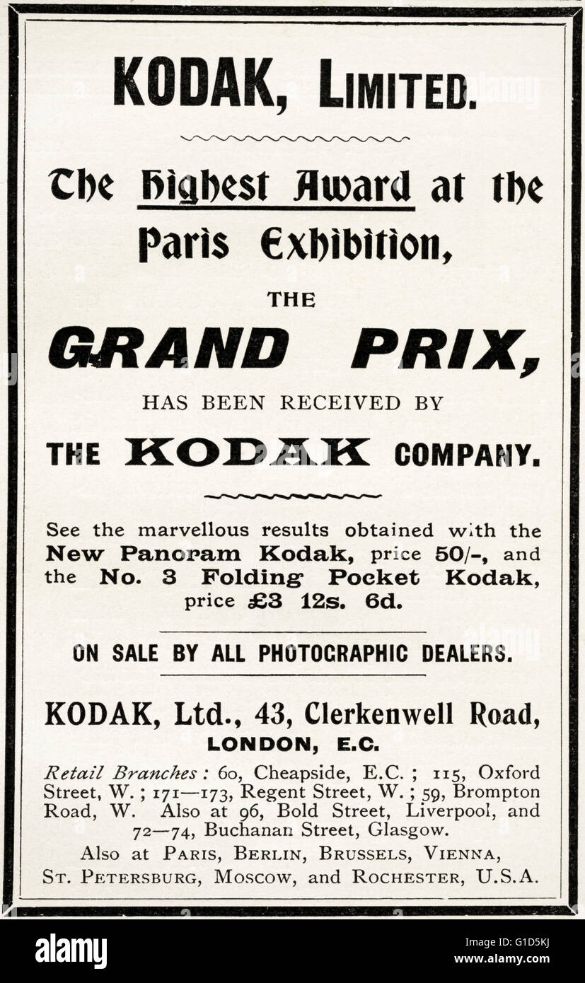 Originale vecchia vintage magazine advert dalla tarda epoca vittoriana datata 1900. Pubblicità Pubblicità le fotocamere Kodak & film Foto Stock