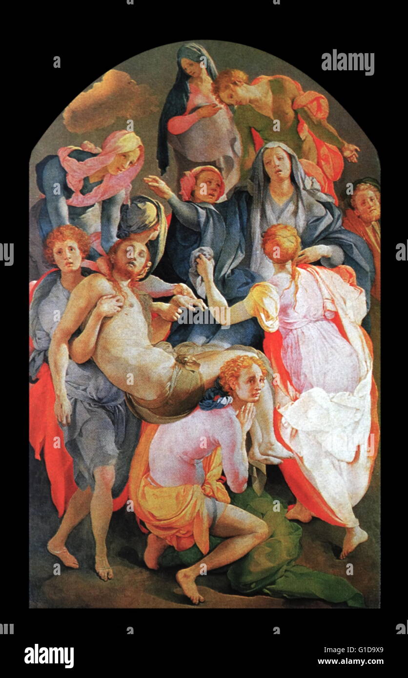 La Deposizione dalla Croce è un retablo, completata nel 1528, raffigurante la Deposizione di Cristo dal Rinascimento italiano pittore Jacopo Pontormo (24 maggio 1494 - 2 gennaio 1557), usualmente noto come Jacopo da Pontormo, un Italiano pittore manierista di scuola fiorentina. Dipinto a olio su legno, il dipinto si trova sopra l'altare della cappella Capponi della chiesa di Santa Felicita a Firenze. Foto Stock