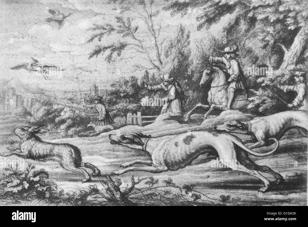 Il XVII secolo la scena di caccia; Caccia la lepre da Francis Barlow 1626-1702 Foto Stock