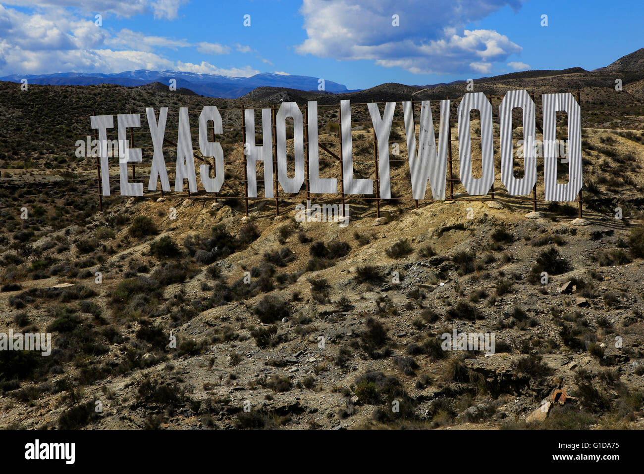 Texas Hollywood movie set attrazione turistica segno nei pressi di Tabernas, Almeria, Spagna Foto Stock