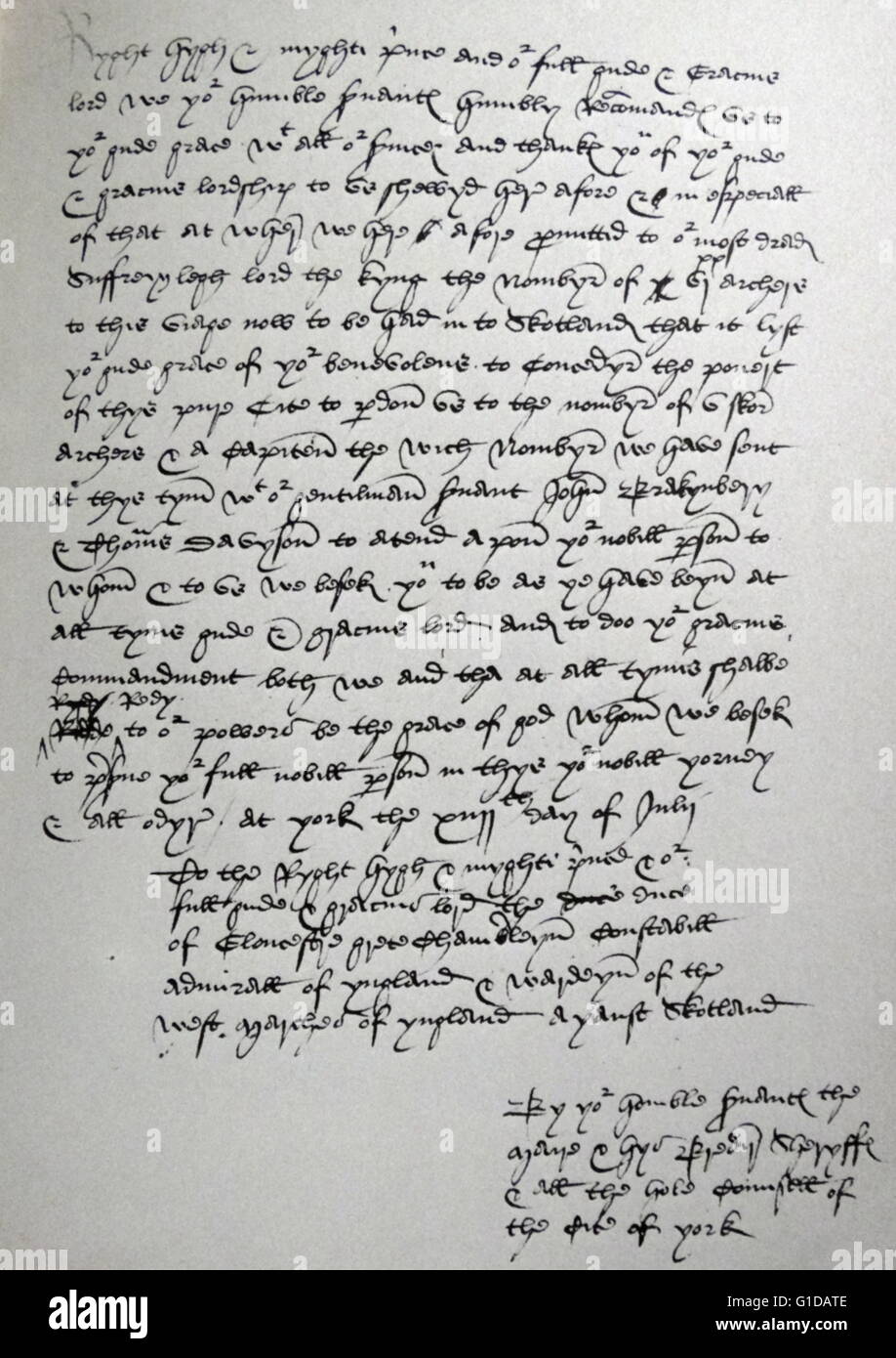 Lettera del sindaco e consiglio di York, ringraziando Richard, duca di Gloucester che, in considerazione della città la povertà, aveva ridotto il numero degli uomini richiesti per la campagna di Scozia da venti arcieri e un capitano. Foto Stock