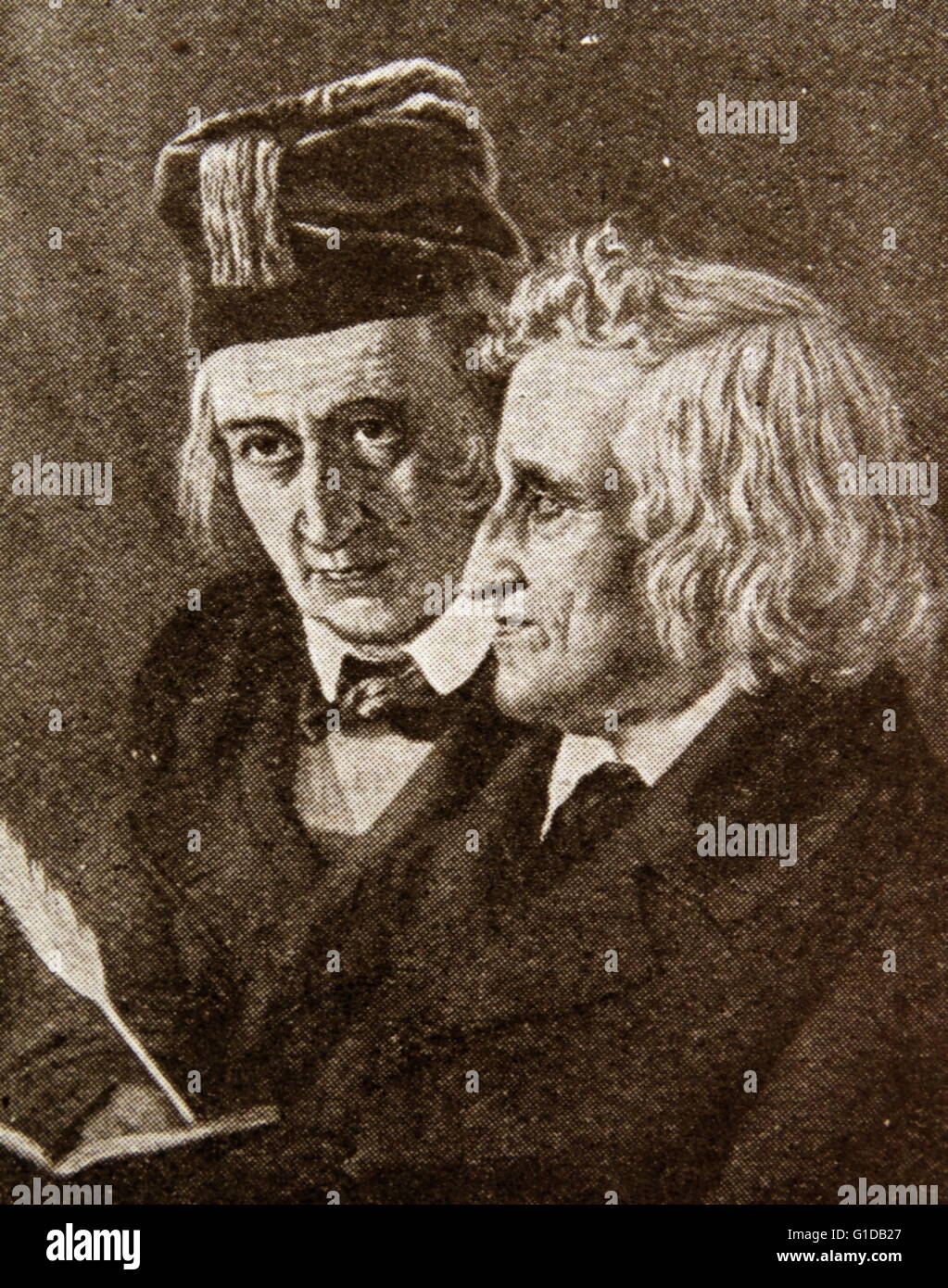 I fratelli Grimm. Jakob e Wilhelm, due educationists di Gottinga. Essi sono stati tra i professori respinto nel 1837 per protestare contro l'assoluzione dei funzionari statali del loro giuramento di fedeltà alla Costituzione. Foto Stock