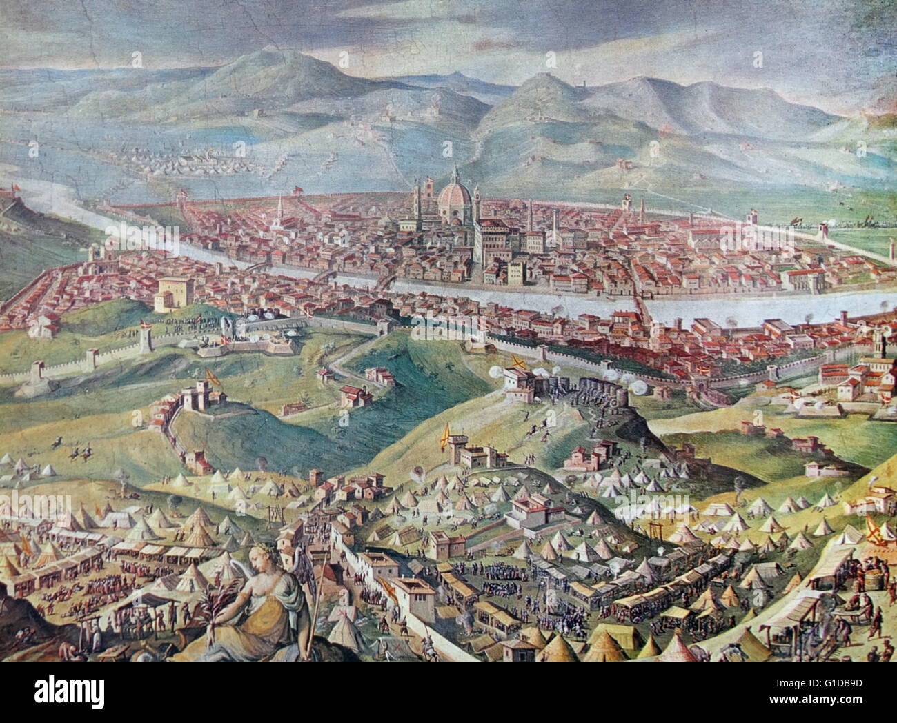 Pittura intitolata 'Firenze assediò' da Giorgio Vasari (1511-1574) un pittore italiano, architetto, scrittore e storico. Datata XVI Secolo Foto Stock