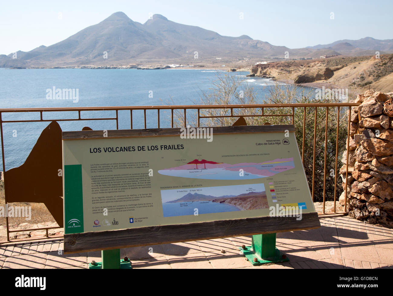 Pannello informazioni circa Los Railes vulcani, Parco Nazionale Cabo de Gata, Almeria, Spagna Foto Stock