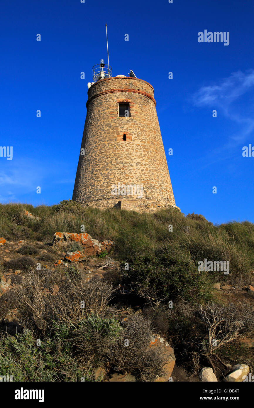 Torre Vigia de Los Lobos torre di avvistamento, Rodalquilar, Parco Naturale Cabo de Gata, Almeria, Spagna Foto Stock