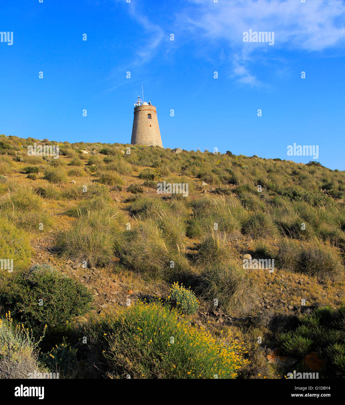 Torre Vigia de Los Lobos torre di avvistamento, Rodalquilar, Parco Naturale Cabo de Gata, Almeria, Spagna Foto Stock