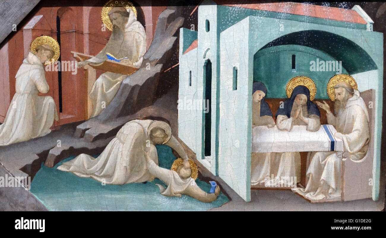 Dettaglio dal dipinto raffigurante "incidenti nella vita e nella morte di San Benedetto' di Lorenzo Monaco (1370-1425) un pittore italiano del tardo gotico-rinascimentale precoce età. Datata xv secolo Foto Stock