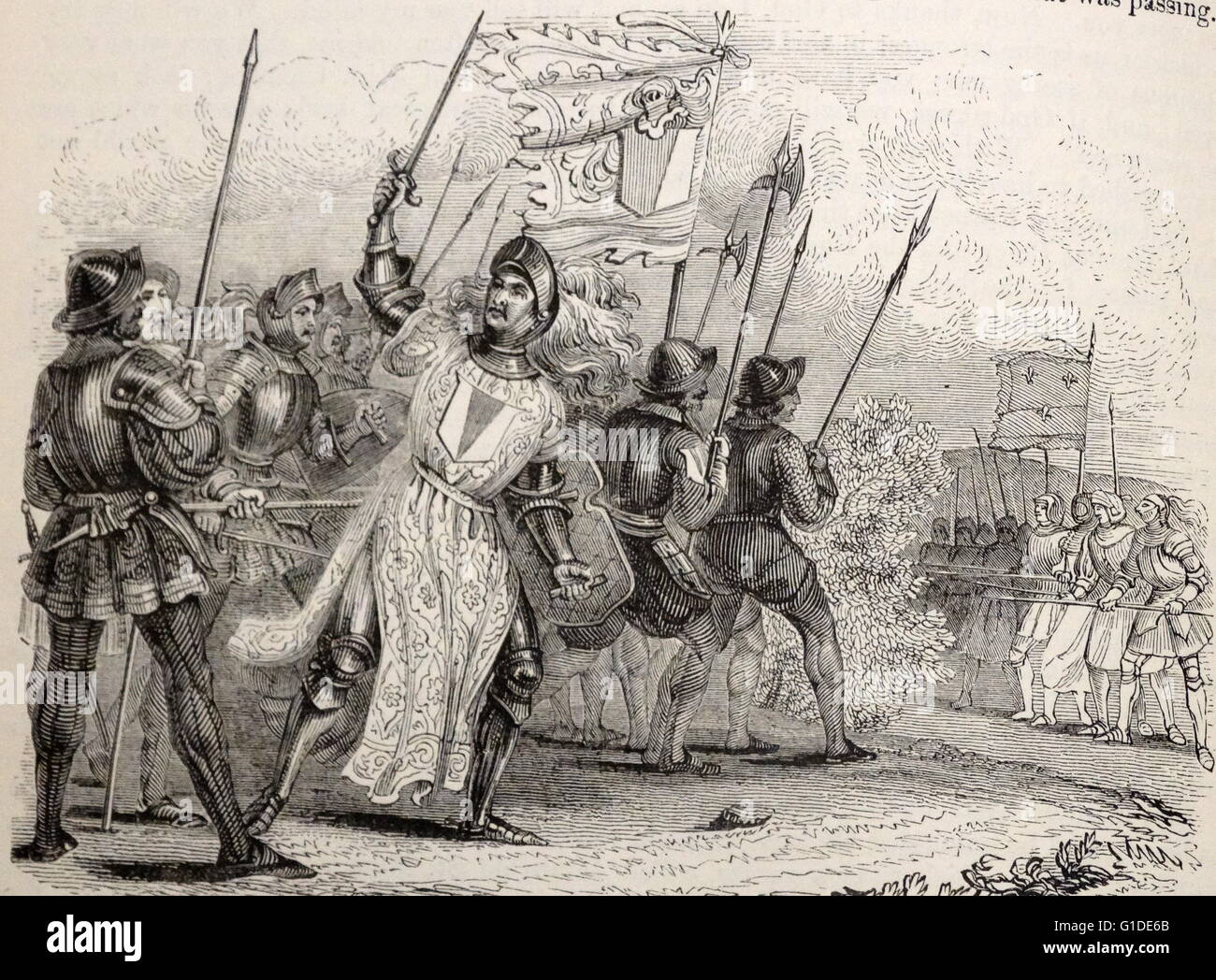 Incisione raffigurante Sir John Chandos (1320-1369) un inglese medievale knight, rendendo la sua morte carica sul francese. Datato xiv secolo Foto Stock