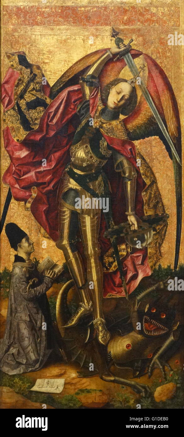 Pittura intitolato 'Saint Michael trionfa sul Diavolo" da Bartolomé Bermejo (1440-1501) un pittore spagnolo che hanno adottato la pittura fiamminga tecniche e convenzioni. Datata xv secolo Foto Stock