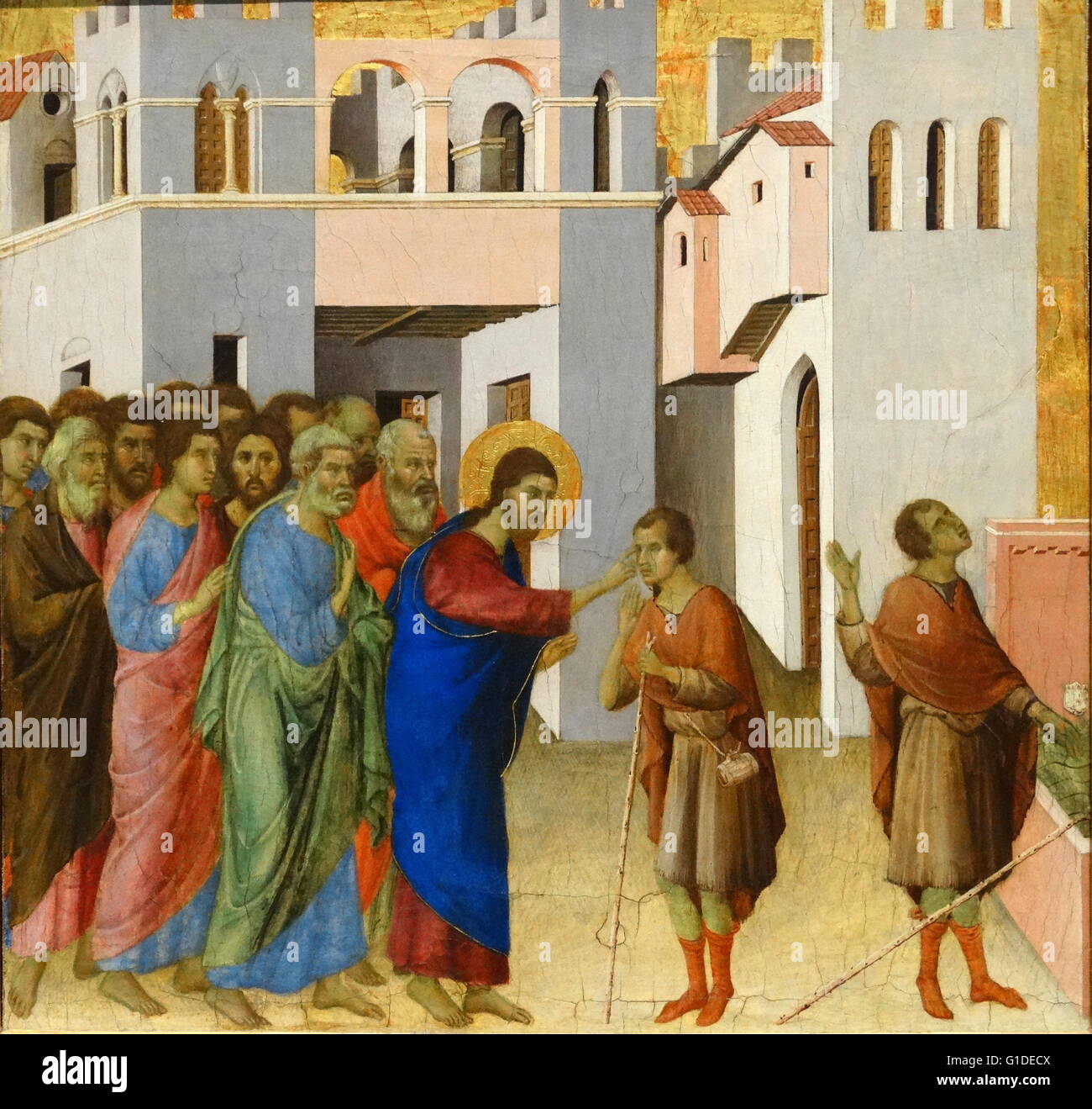 Pittura intitolato "Gesù apre gli occhi di un uomo cieco dalla nascita" di Duccio di Buoninsegna (1255-1319) un pittore italiano e membro della scuola senese. Datato xiv secolo Foto Stock